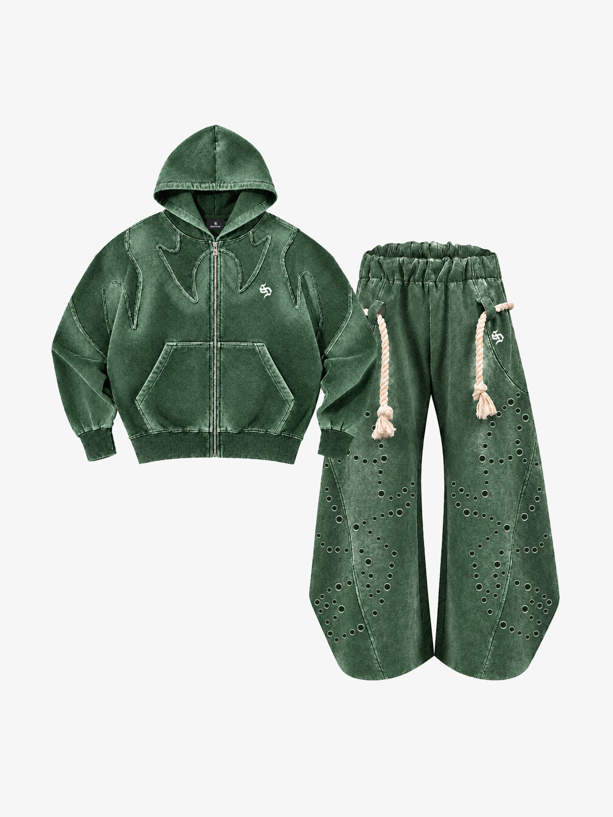 Washed Spray-Edge Zip Hoodie & Curved-Leg Sweatpants Set