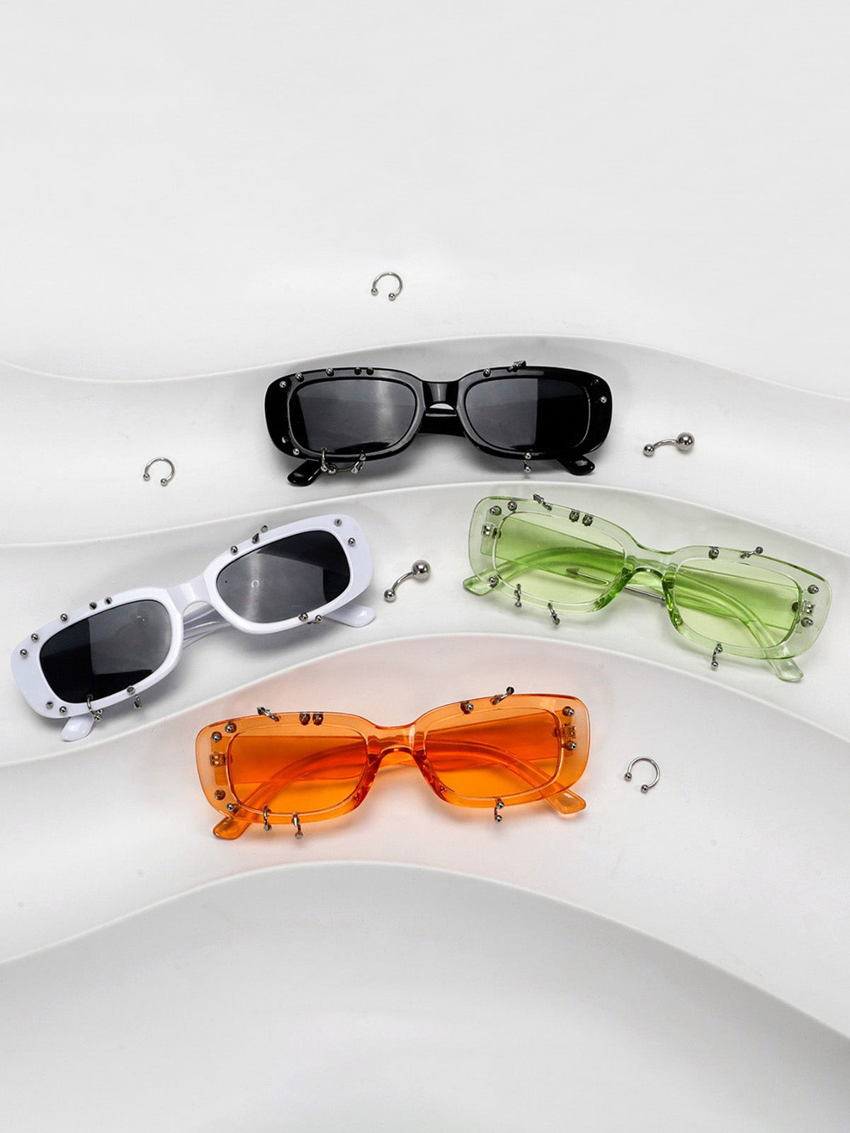 Stylish White Square Sunglasses with Studs for Summer Fashion 