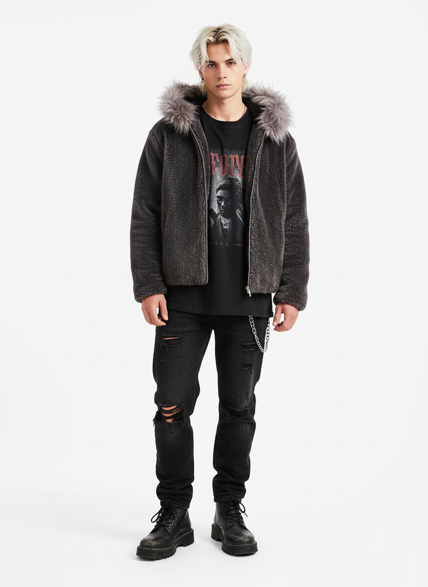 Thesupermade Fur Hooded Quilted Sherpa Jacket - 2304 