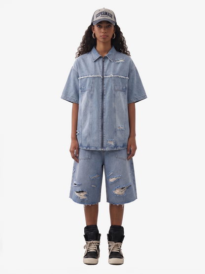 Costume en jean déchiré et usé-2460