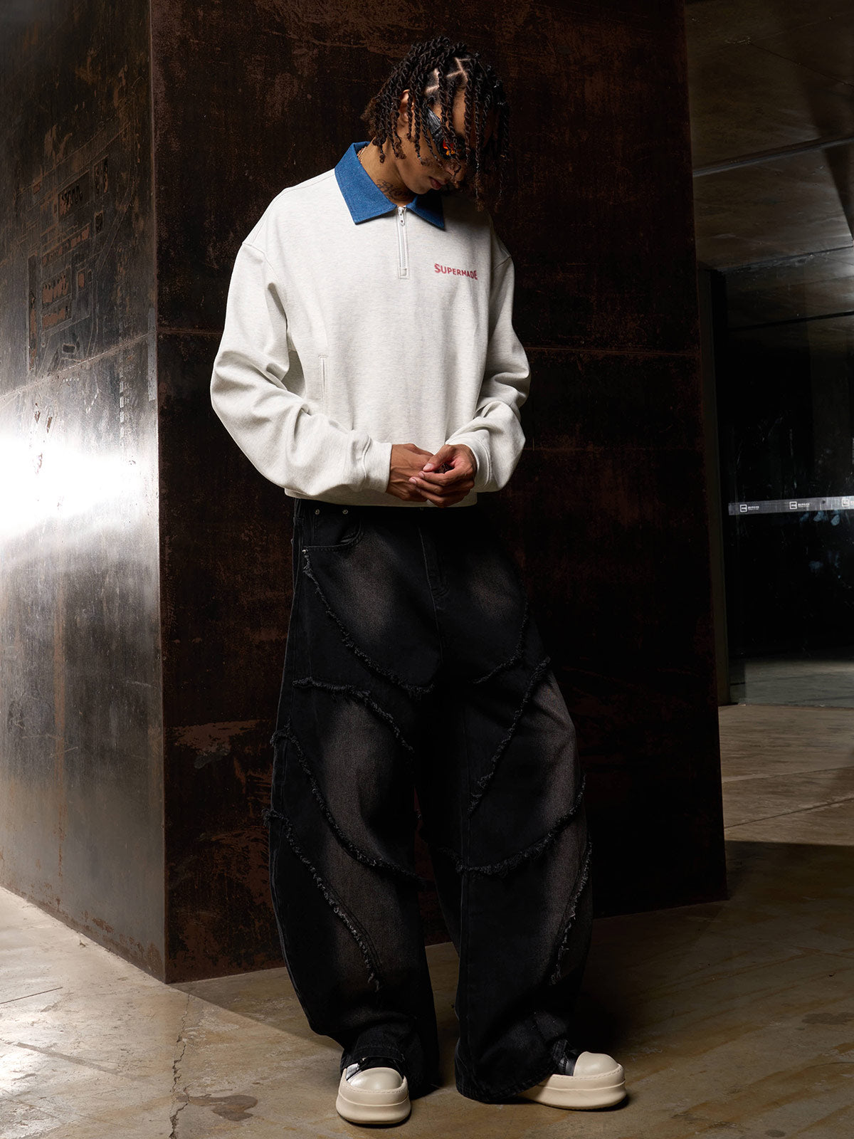 Original Denim Lapel Patchwork Sweatshirt 