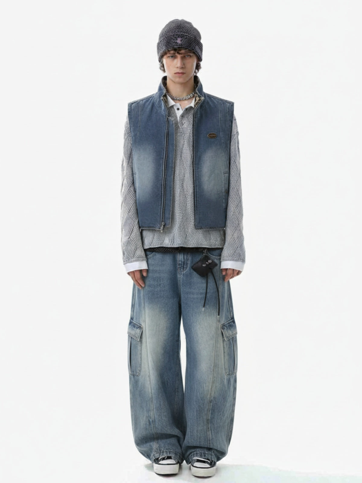 Retro Leopard Faux Fur Reversible Distressed Denim Vest 