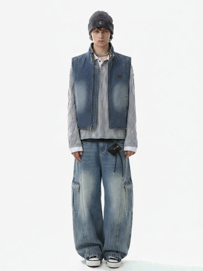 Retro Leopard Faux Fur Reversible Distressed Denim Vest 