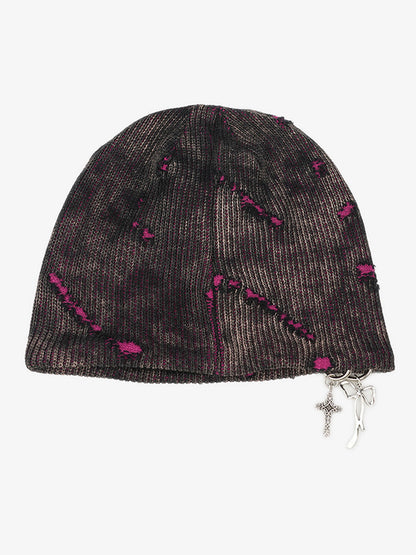 Retro Wasteland Style Distressed Knit Hanging Charm Beanie 