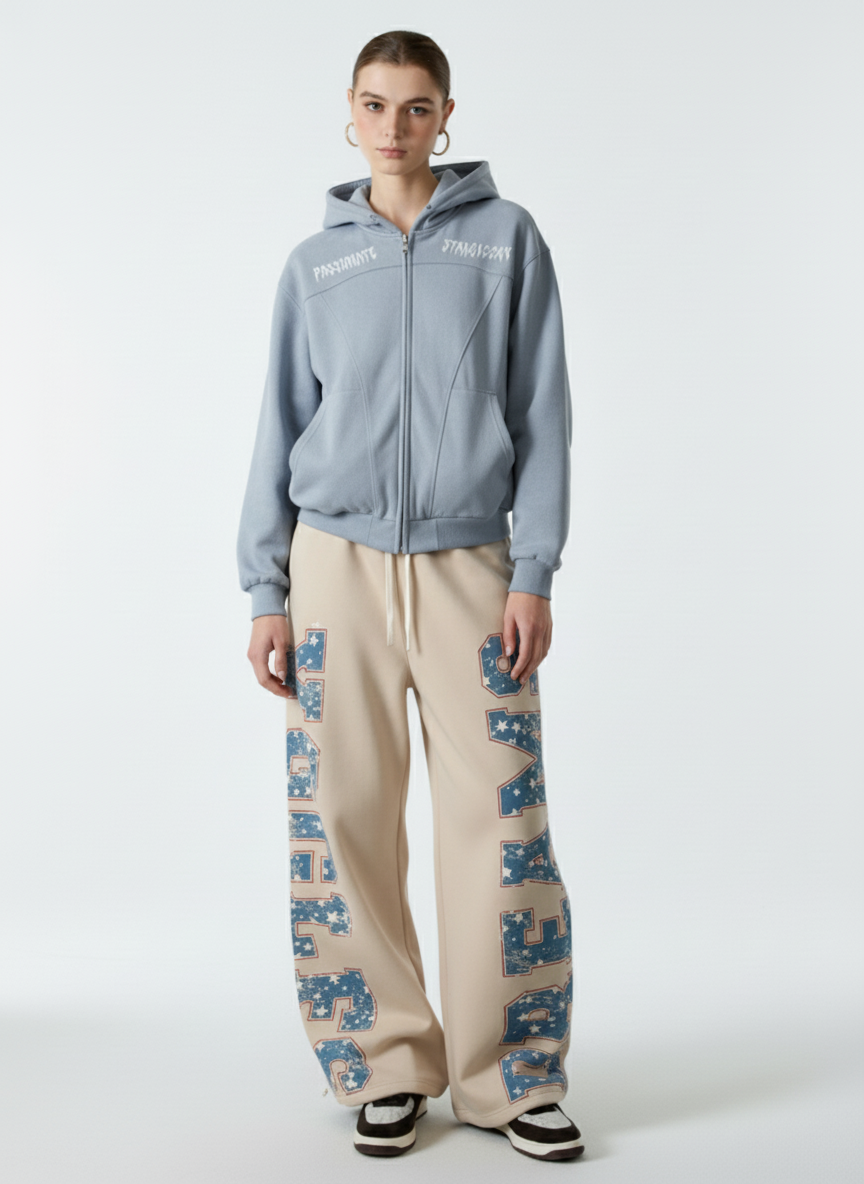 Retro Contrast Letter Print Fleece Wide-Leg Sweatpants 