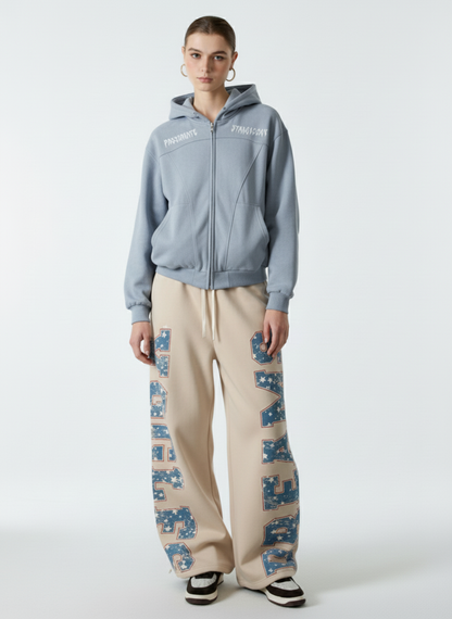 Retro Contrast Letter Print Fleece Wide-Leg Sweatpants 