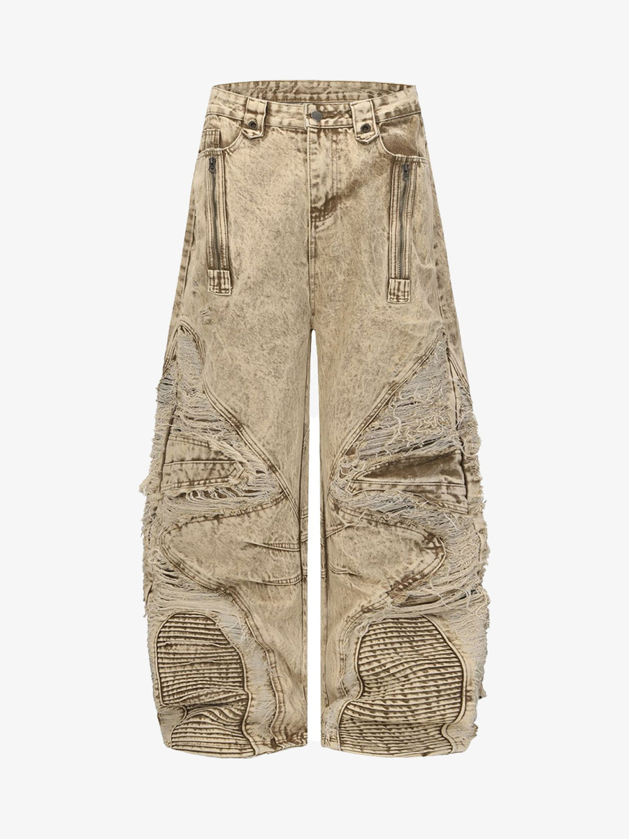 Distressed Raw-Edge Panel Sculpted Wide-Leg Jeans - 2590 