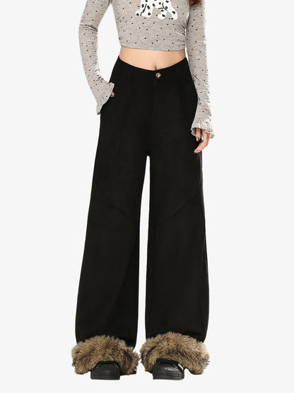 Retro Faux Fur Hem Wide-Leg Pants 