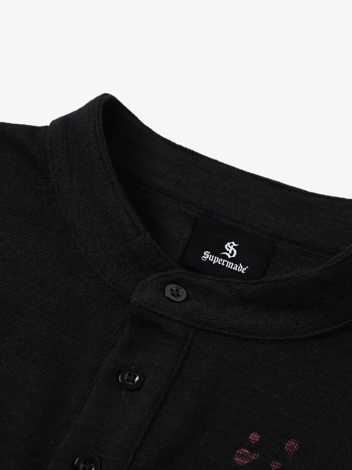 Cotton Blend Long Sleeve Henley Sweater with Graphic Print and Star Motif Design 