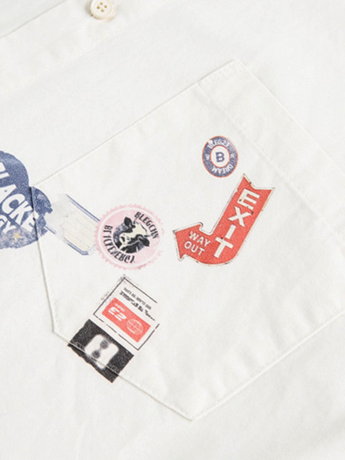 Stylish White Button-Up Shirt with Unique Patch Design for Casual and Trendy Looks 