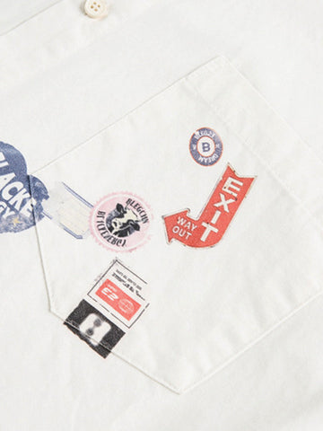 Stylish White Button-Up Shirt with Unique Patch Design for Casual and Trendy Looks 