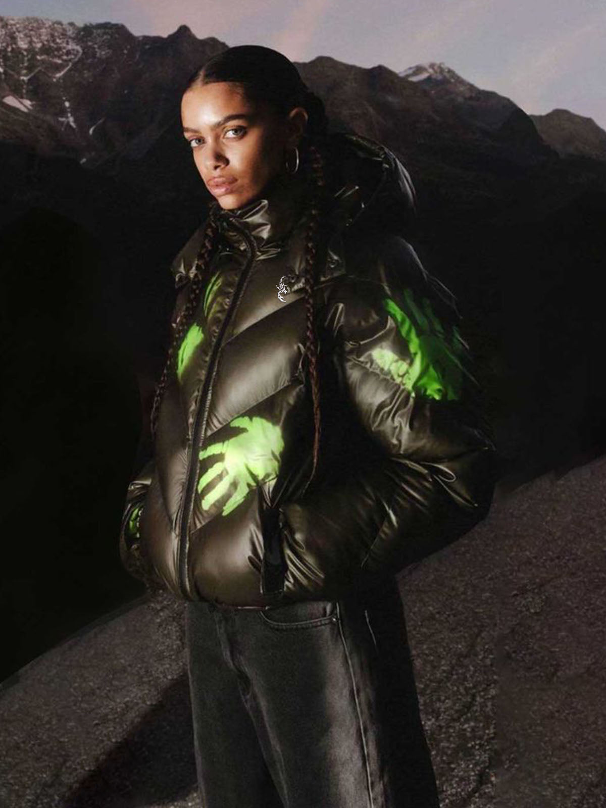 Neon Handprint Graphic Hooded Puffer Coat