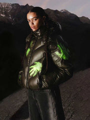 Neon Handprint Graphic Hooded Puffer Coat