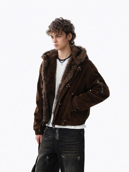 Retro Fur Collar Suede Toggle Closure Padded Bomber Jacket 