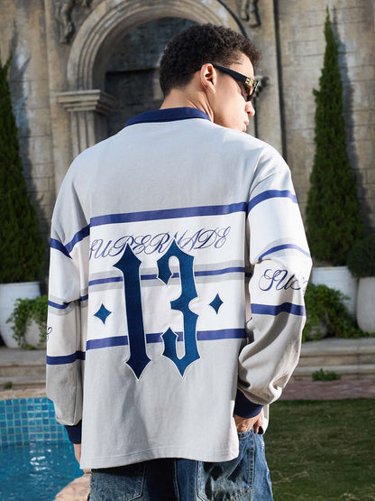 Supermade Color-Blocked Polo Collar Embroidered Print Long-Sleeved Jersey 