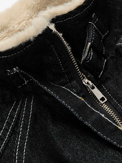 Stylish Denim Bomber Jacket with Faux Fur Collar - Perfect for Casual and Outdoor Wear 