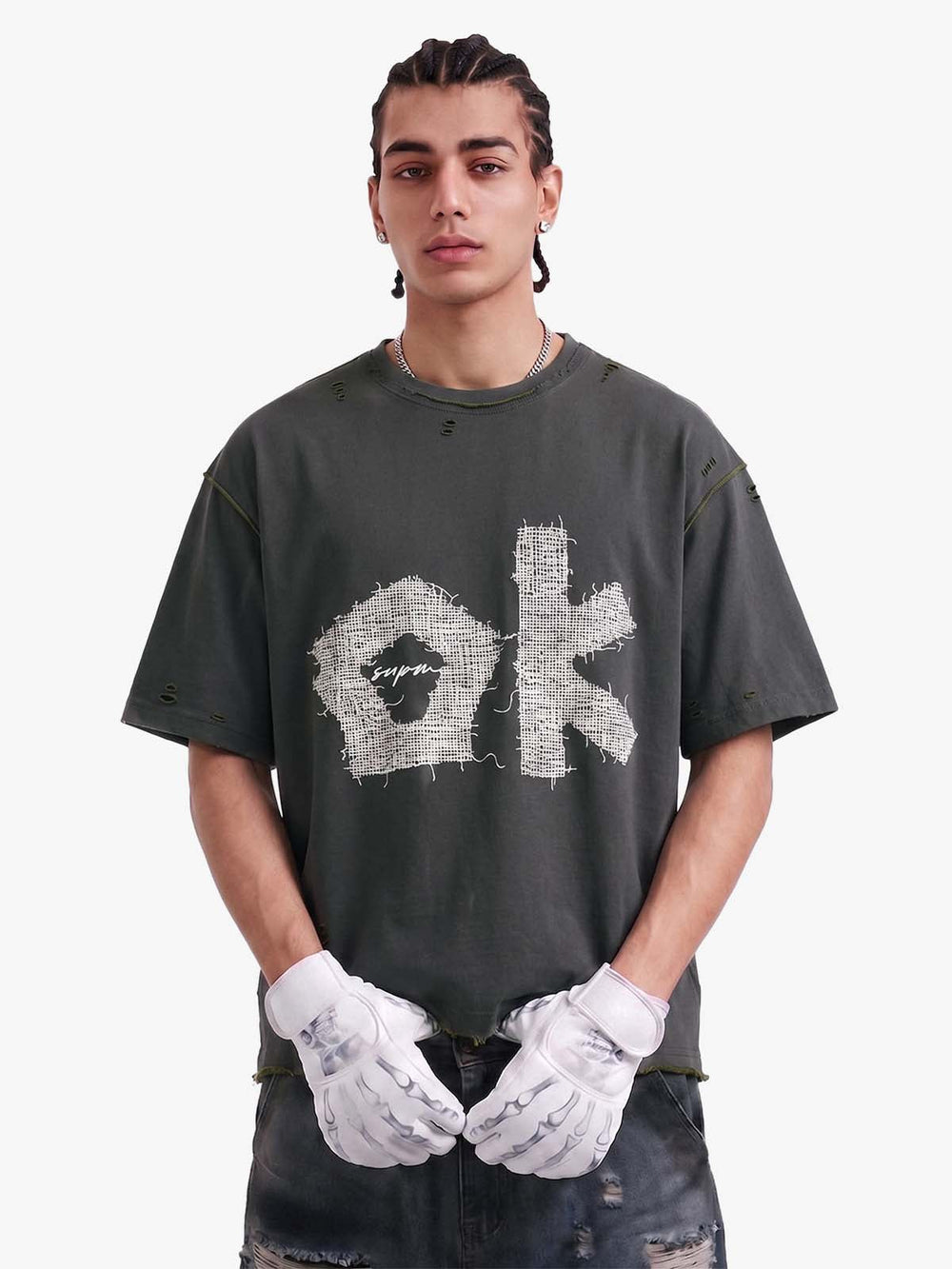 "OK" Patch Color-Block Ripped Reversible T-Shirt 