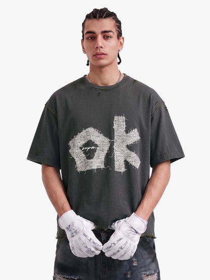 "OK" Patch Color-Block Ripped Reversible T-Shirt 