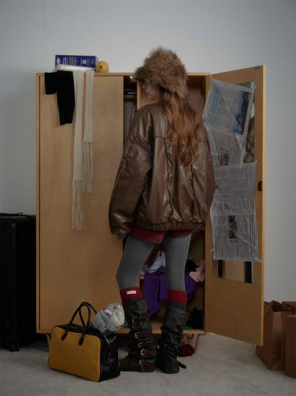 Retro Brown Faux Leather Zip-Up Bomber Jacket 