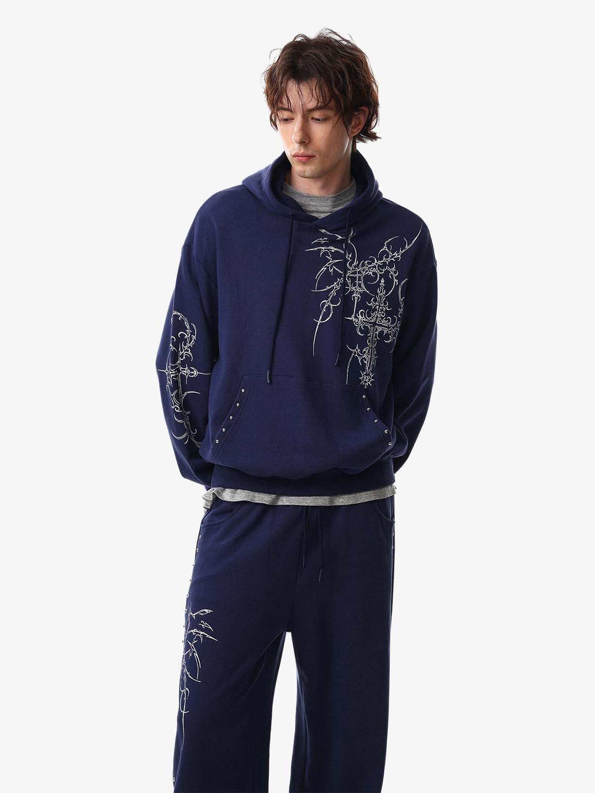 Floral Line Art Studded Pocket Hoodie