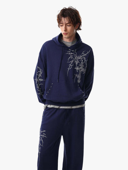 Floral Line Art Studded Pocket Hoodie