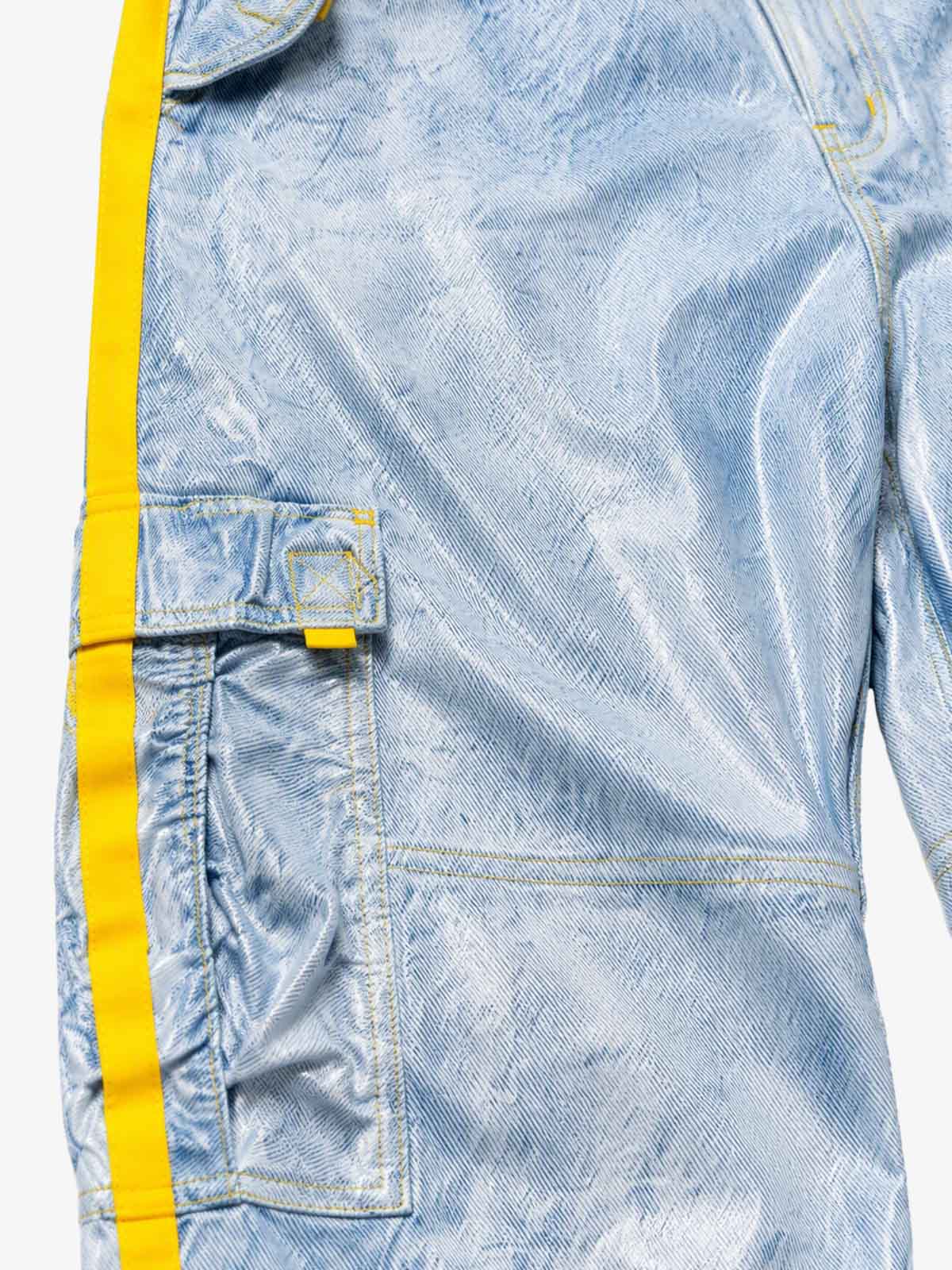 Yellow-Stripe Multi-Pocket Washed Cargo Jeans