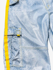 Yellow-Stripe Multi-Pocket Washed Cargo Jeans