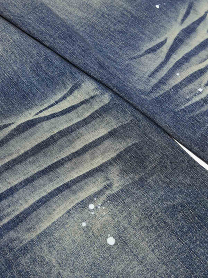 Washed Paint-Splatter Pleated Wide-Leg Barrel Jeans 