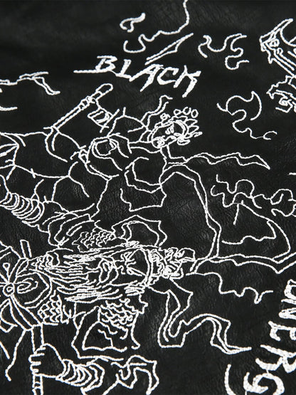 Vintage Embroidered PU Leather Lapel Jacket 