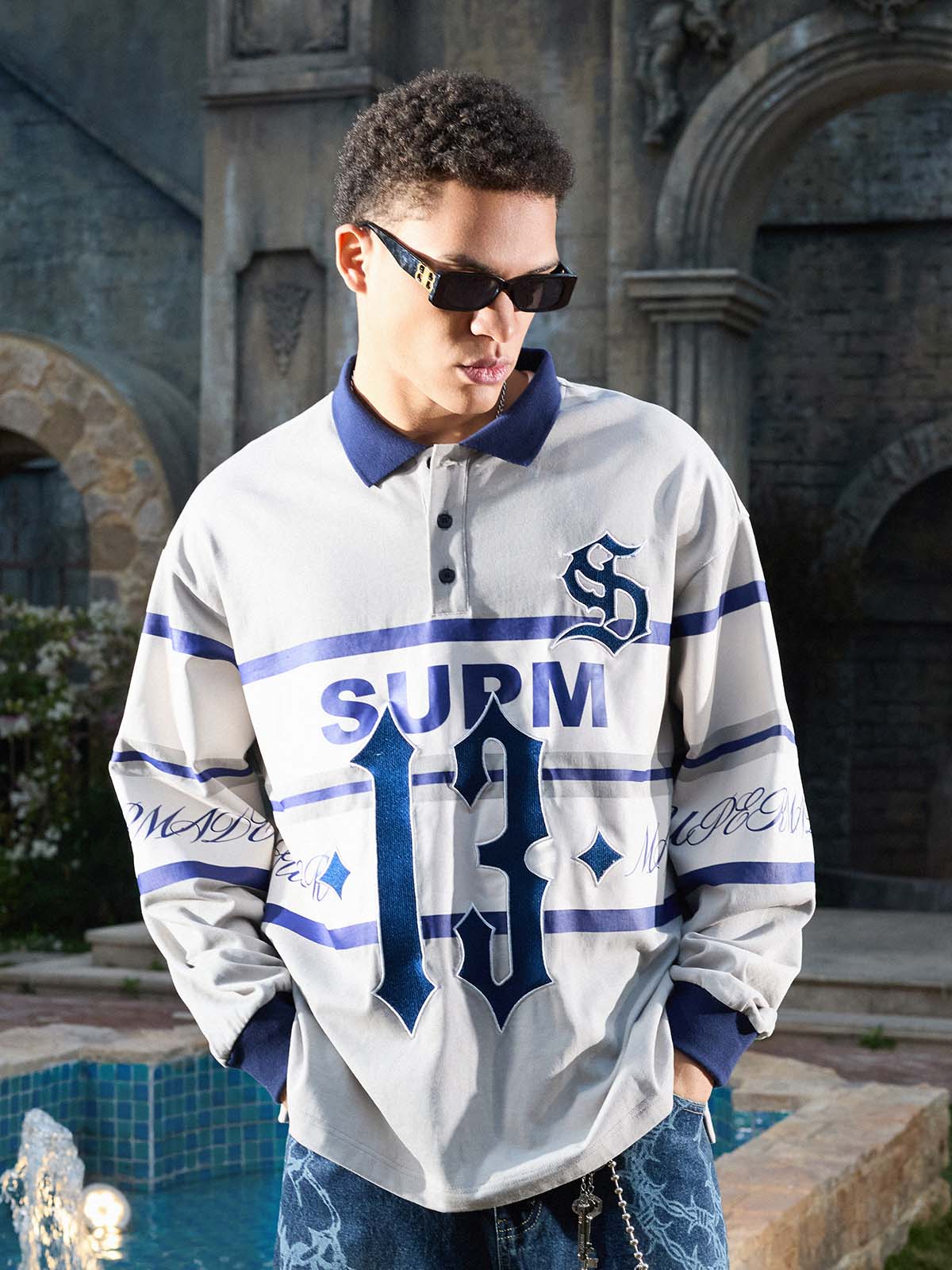 Supermade Color-Blocked Polo Collar Embroidered Print Long-Sleeved Jersey 