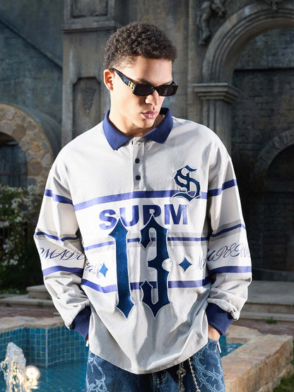 Supermade Color-Blocked Polo Collar Embroidered Print Long-Sleeved Jersey 