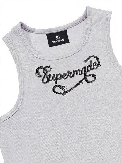 Cotton-blend black, white and gray vest with scorpion embroidered logo and deformed logo print 