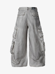 Washed Multi-Pocket Wide-Leg Cargo Jeans