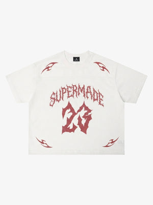 Mesh Jersey T-Shirt with Red Number 03 Print and Stitched Details 