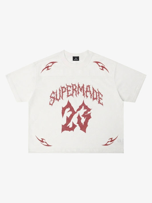 Mesh Jersey T-Shirt with Red Number 03 Print and Stitched Details 