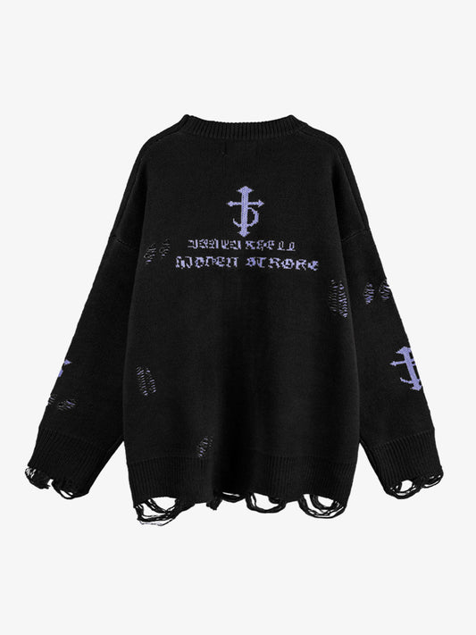 High Street Letter Jacquard Ripped Tassel Sweater 