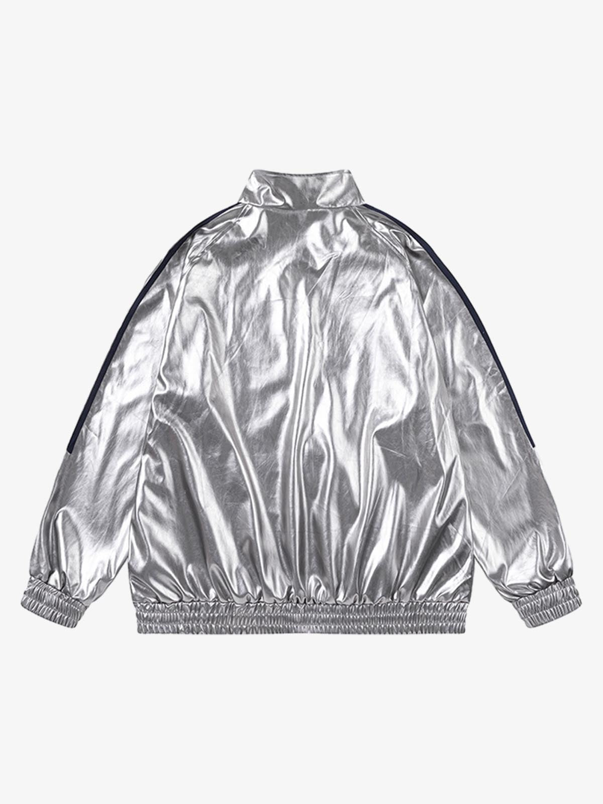 Reflective Metallic Track Jacket with Pink Accents for Sporty Elegance 