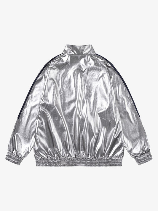 Reflective Metallic Track Jacket with Pink Accents for Sporty Elegance 