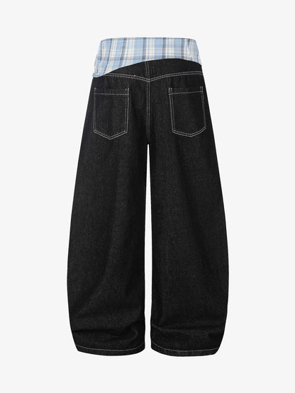 Plaid Belt Raw Denim Barrel Baggy Jeans