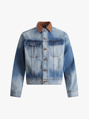 Faded blue Tie-Dye Gradient Denim Jacket with a brown collar and two chest pockets