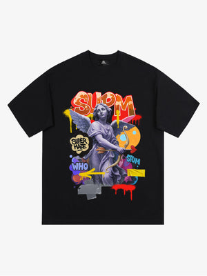 Angel statue and street graffiti mixed pattern T-shirt 