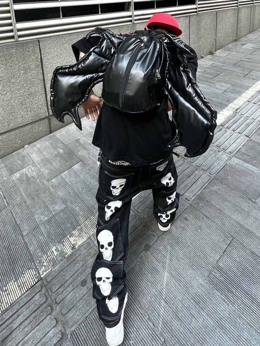 PU Leather Bat Wing Double Zipper Backpack 