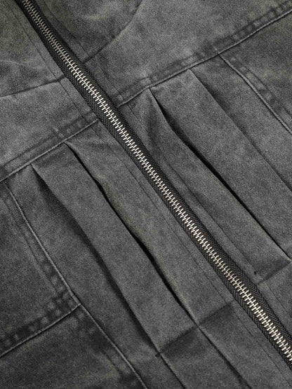 Vintage Distressed Pleated Shearling Collar Fleece Jacket 