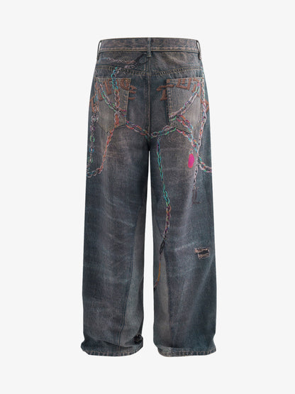 Retro High street Washed 3D Chain Printed Jeans 