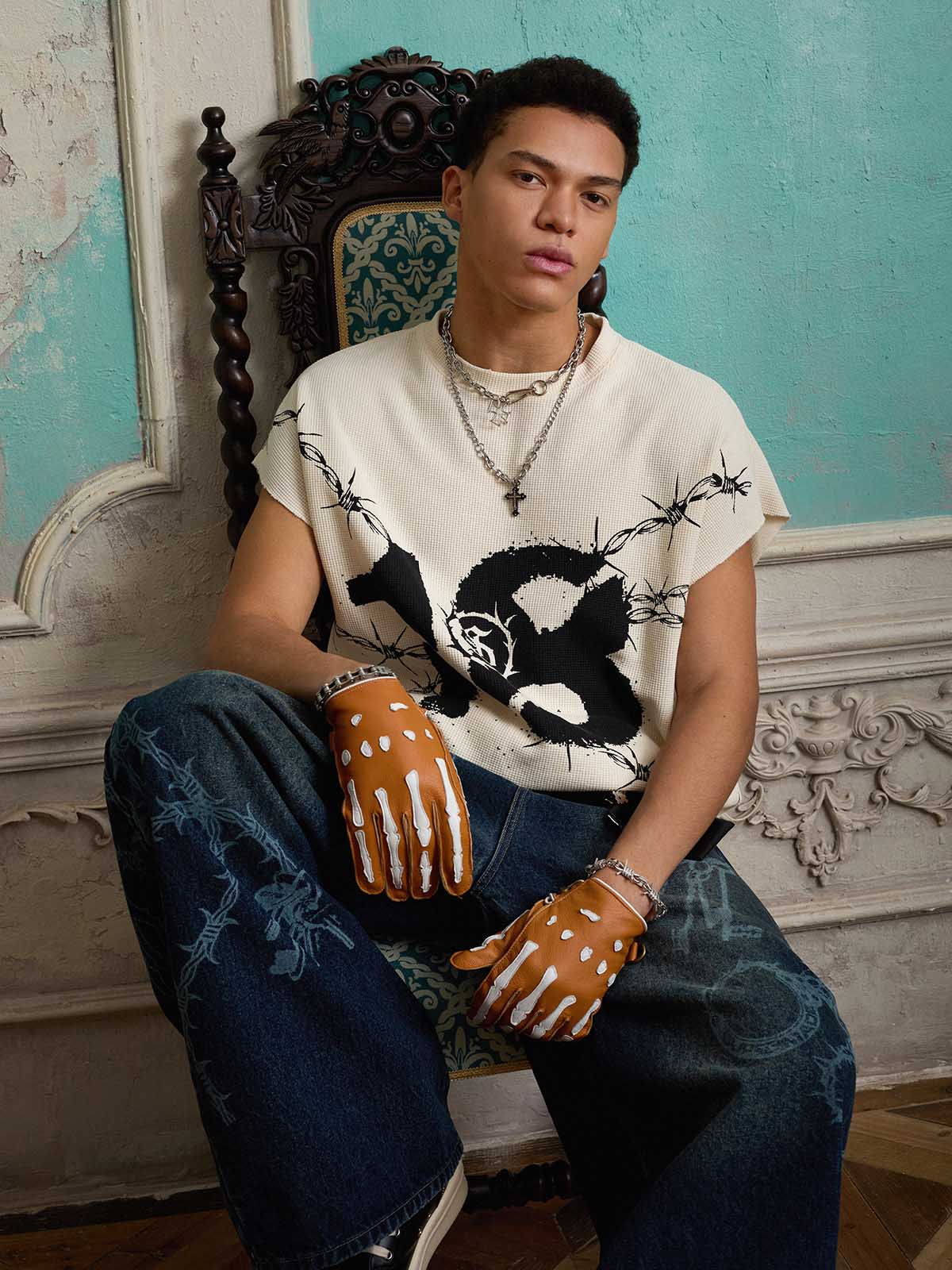 Supermade Waffle Thorn Print Sleeveless T-Shirt 