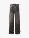 Washed Black Denim Wide Leg Jeans with Distressed Texture for Men 