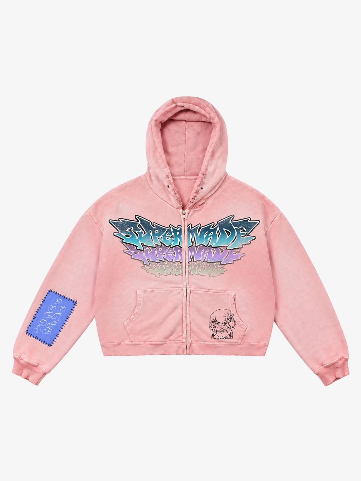 Distressed Graphic Appliqué Patch Boxy Zip Hoodie