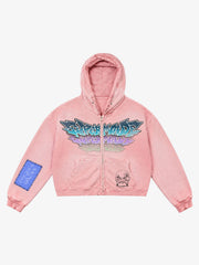 Distressed Graphic Appliqué Patch Boxy Zip Hoodie