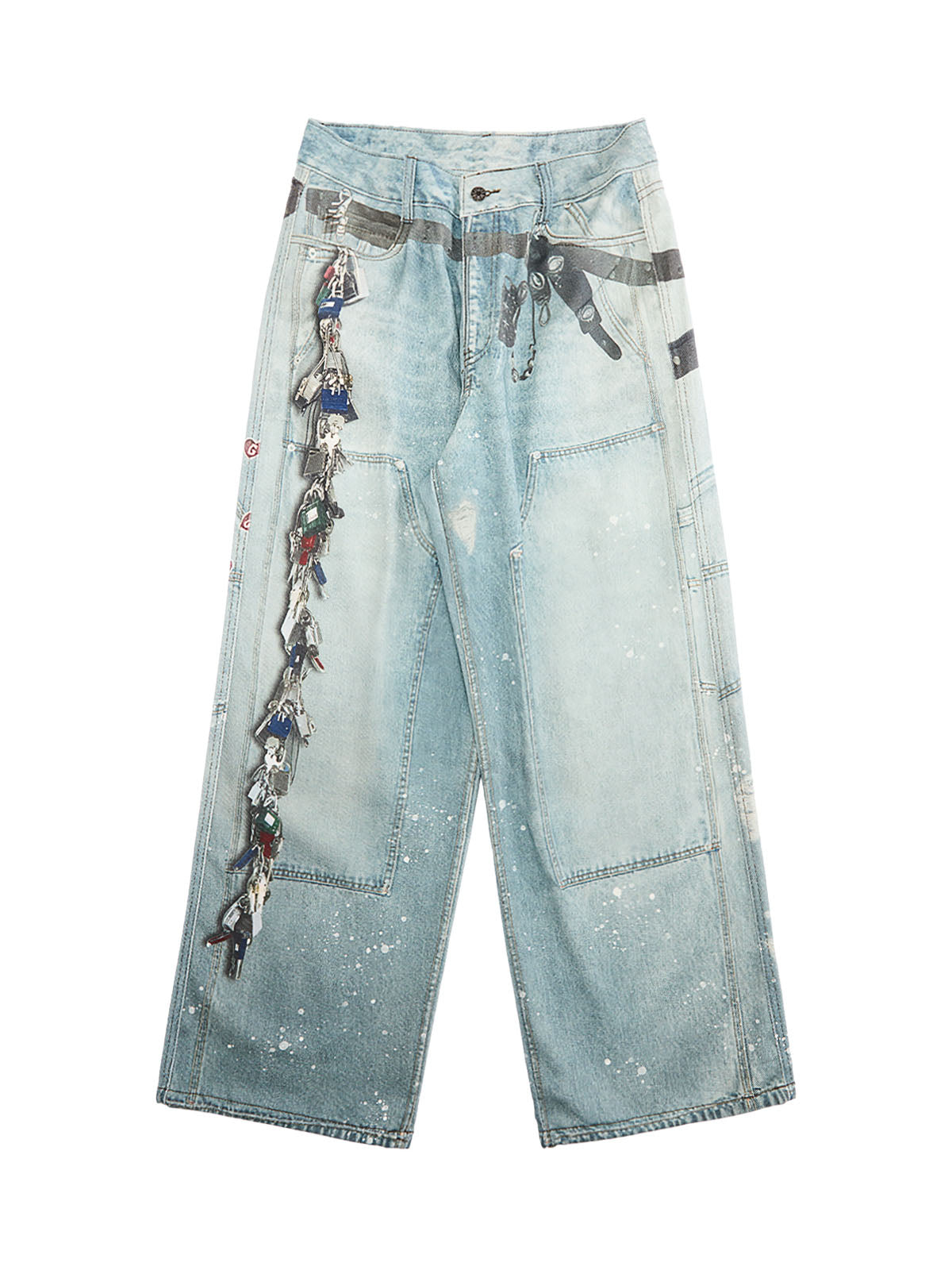 Distressed Washed Ink-splashed Chain Print Baggy Jeans