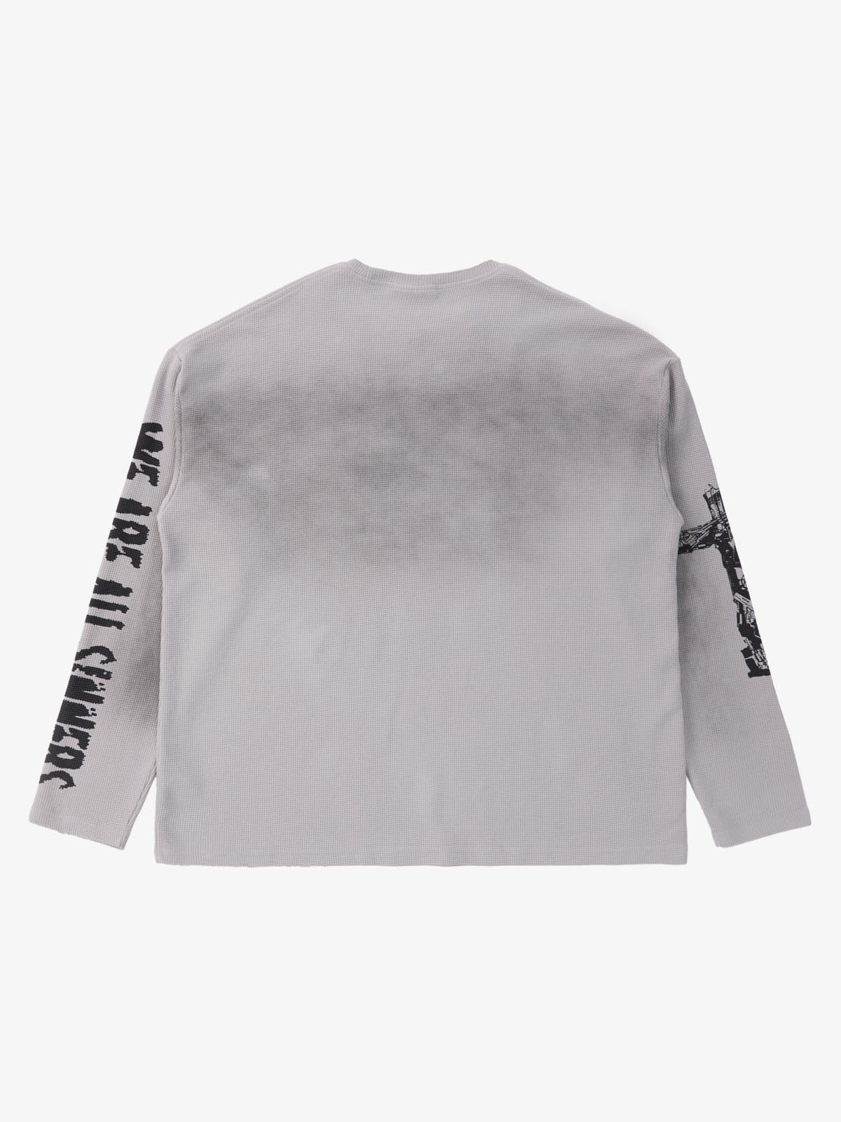 Waffle-Knit Distressed Gradient Print Long T-Shirt 